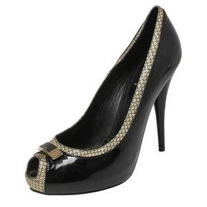 Fendi Black Patent and Textured Leather Peep Toe Platform Pumps Size 41 - Picture 1 of 8