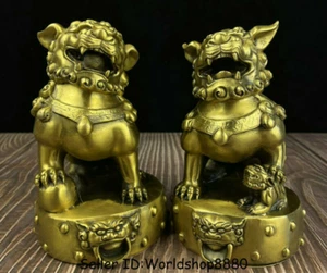 6.4" Chinese Copper Brass Folk Fengshui Foo Fu Dog Guardion Lion Pair Statue - Picture 1 of 9