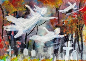 ORIGINALE ACEO Halloween CIMITERO Anima GHOST Albero Autunno Autunno Spirito ATC ART - Foto 1 di 1