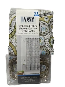 VCNY Fabric Shower Curtain Sage Gray Blue White Medallion Design 12 pc Hook