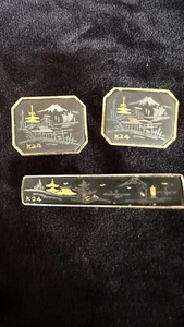 VINTAGE JAPAN DAMASCENE 24K GOLD & SILVER INLAY TIE BAR CLIP & CUFFLINKS - Picture 1 of 7