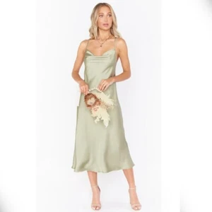 Show Me Your MuMu Verona Cowl Dress Bridal Dress NWT M Moss Green Luxe Satin - Picture 1 of 13