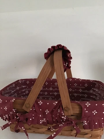 1987 Longaberger 12" x 5.5" x 7" Basket w/ Cranberry Liner & Handle Grip & Prote Cover