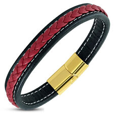 Stainless Steel Gold-Tone Black Red Braided Leather Wristband Bracelet, 8.5"