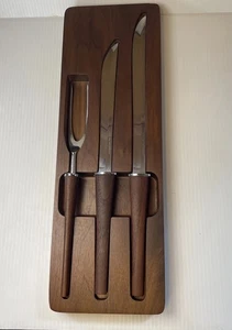 Vtg MCM Danish 3 Piece Meat Carving Set Carvel Hall Wood Storage Box Knife Fork - Picture 1 of 15