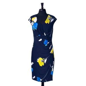 Ralph Lauren Damen Kleid blau Blumen Faux Wickel V-Ausschnitt gerafft Etui Midi Gr. 12 - Bild 1 von 9