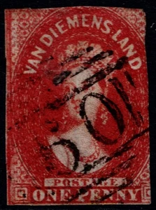1855 Tasmania 1d Carmine SG 14 Light 50 Numeral Lovely Colour FU Cat. £900.00 - Picture 1 of 1