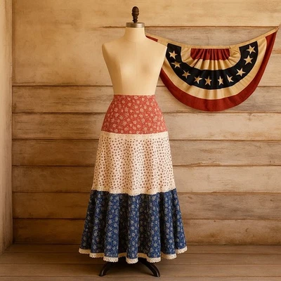 VTG 1970s Handmade Patriotic Patchwork Prairie Skirt Bicentennial USA 250th 2026 - Image 1 of 4