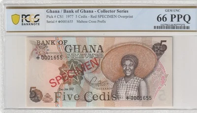 Ghana 1977 5 Cedis Specimen Certified PCGS Banknote UNC 66 PPQ Pick CS1 - Image 1 of 2