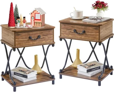  Juego de 2 Mesitas de Noche con Cajón para Dormitorio, Juego de 2 Mesitas de Noche Marrón Foto 1 de 4