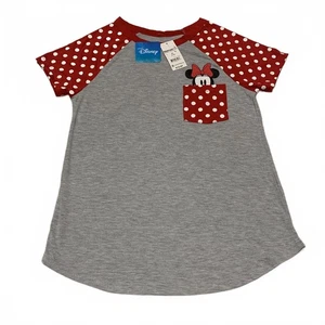 Disney Girls' Size Medium 7-9 Red Grey Minnie Mouse Pocket T Shirt - Picture 1 of 9
