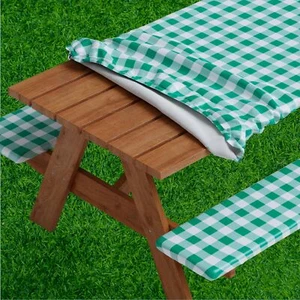 Picnic Table cover with Bench Covers -Fitted with Elastic Vinyl with Flannel ... - Picture 1 of 7