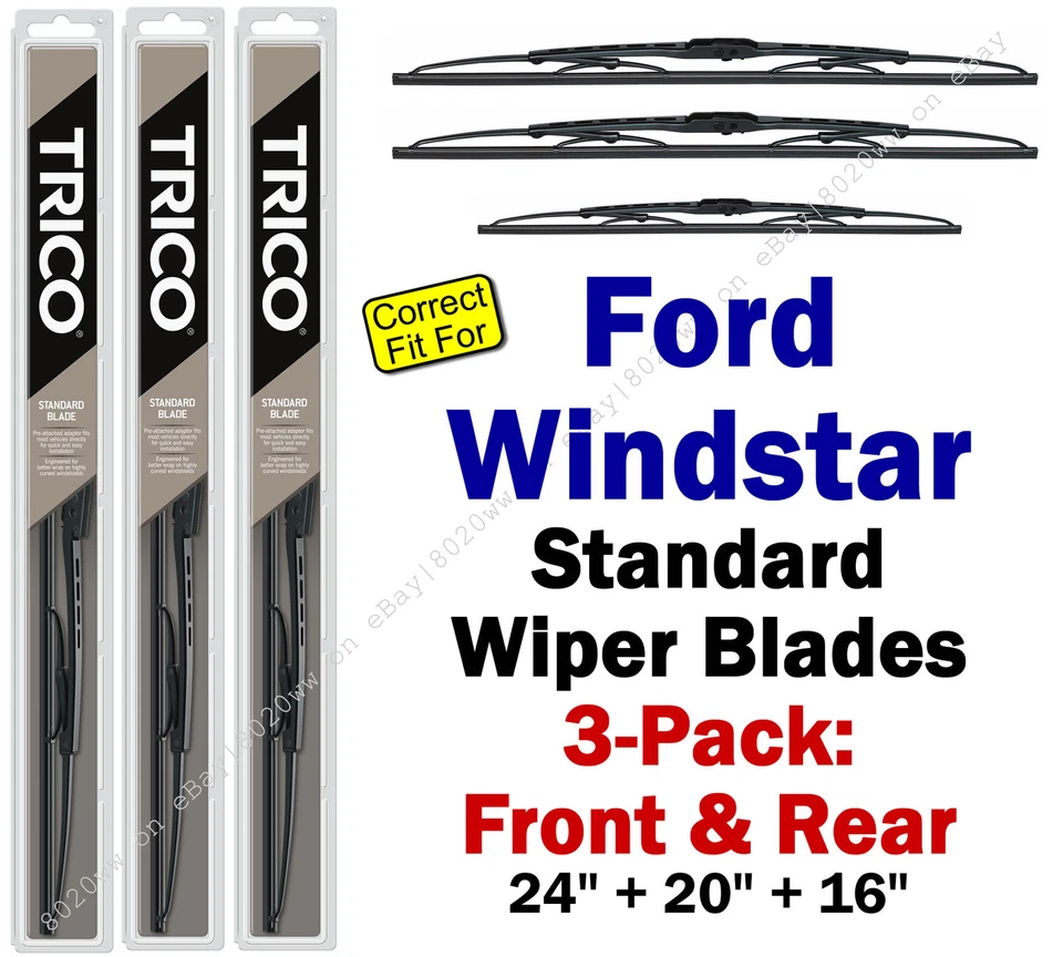 Wiper Blades 3-Pk Front Rear Standard fit 1996-2003 Ford Windstar 30240/200/160 - Image 1 of 1
