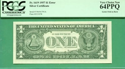 ERROR - CANALETA PLEGABLE EN LA PARTE POSTERIOR - 1957 $1 SC - PCGS CU 64 PPQ - ERROR DE PLIEGUE DE CANALETA Foto 1 de 2