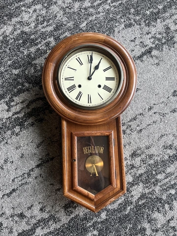 Regulator Tiger Oak Wall Clock With Pendulum & Key AS IS - READ Cover