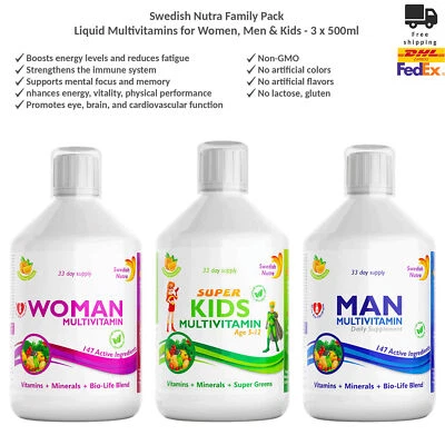 Swedish Nutra Family Pack – Liquid Multivitamins for Women, Men & Kids 3x500ml - Image 1 of 4