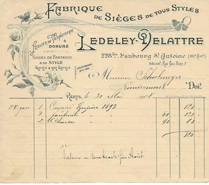 PARIS. FACTURE DE 1908. LEDELEY DELATTRE, FABRIQUE DE SIEGE, MENUISERIE & DORURE - Picture 1 of 1
