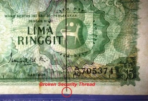 MALAYSIA RM5 1st Series BROKEN SECURITY THREAD A40_705374 GRADED 35 - Picture 1 of 10