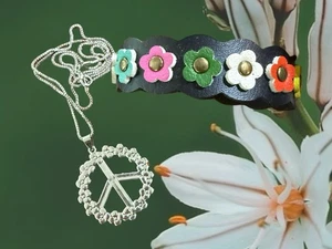 Genuine leather snap bracelet black Boho Hippie floral 2” peace sign necklace - Picture 1 of 12
