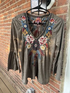 Johnny Was Damen braun Darielle bestickt Flötenärmel Boho Top Größe Small - Bild 1 von 6