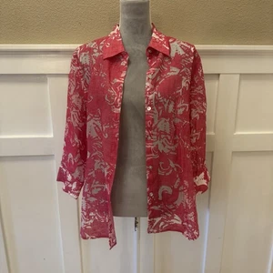 NWT Chico’s FloralPink/White Sheer Shirt Size:2(M) 3/4 Sleeve Blouse Linen Blend - Picture 1 of 12
