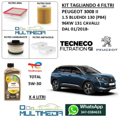 KIT TAGLIANDO 4 FILTRI OLIO TOTAL 5W30 PEUGEOT 3008 II 1.5 BLUEHDI 96KW 131 CV - Immagine 1 di 4