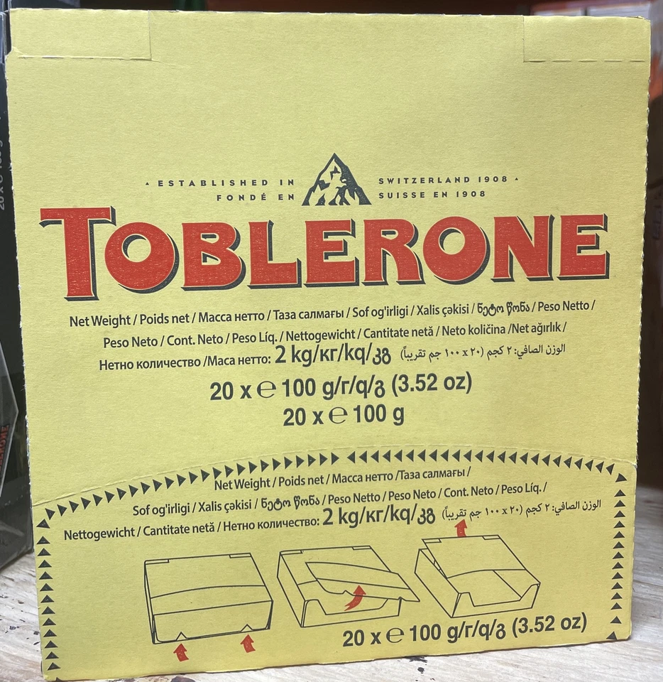 Toblerone Swiss Milk Chocolate With Honey & Almond Nougat 3.52 Oz Bar 20 Count