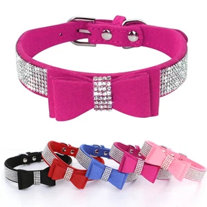 Pet Puppy Cat Dog Bowtie Collar Bling Rhinestone Diamante Soft Suede Adjustable - Picture 1 of 17