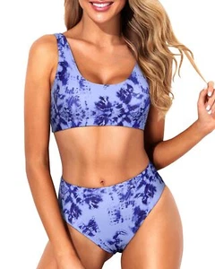 Women Blue Tie Dye Two Piece Scoop Neck Bikini Crop Top Swimsuit Sporty High ... - Picture 1 of 6