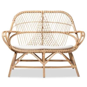 bali+pari Loveseat 44.9"W Bohemian 2-Seater Natural Rattan White/Natural Brown - Picture 1 of 8