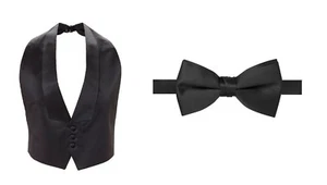 Mens Fully Adj. Black Satin Tuxedo Vest Bow Tie Fit All Low Cut FREE SHIPPING - Picture 1 of 3