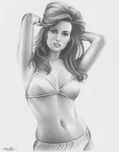 Raquel Welch 11x14 Original Graphite Drawing Pin Up Bikini - Picture 1 of 6