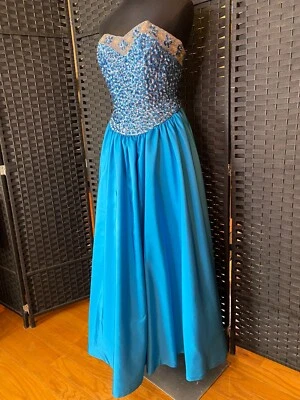 VESTIDO DE TAFETÁ SEM ALÇAS VINTAGE ANOS 80 MIKE BENET azul tamanho XS 6 lantejoulas com miçangas aquáticas - Imagem 1 de 4