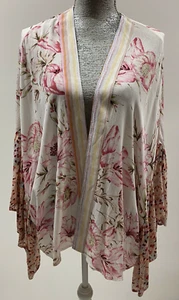 MYSTREE White Pink Gold Striped Floral Oversized Bell Sleeve Kimono One Size - Picture 1 of 6