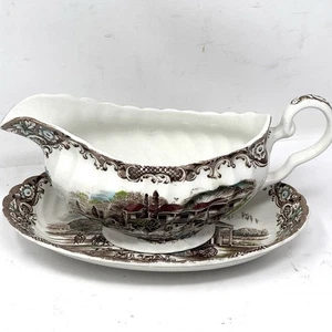 Johnson Bros Heritage Hall Gravy Boat W/Underplate Ironstone Brown Transferware - Picture 1 of 9
