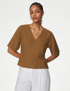 Marks & Spencer Womens Brown Linen Short sleeved Blouse - M&S - Picture 1 of 12