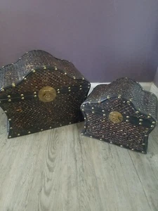 Set Of 2 Vintage Bombay Wicker/Rattan Brass Studded Storage Cases/Nesting - Picture 1 of 19