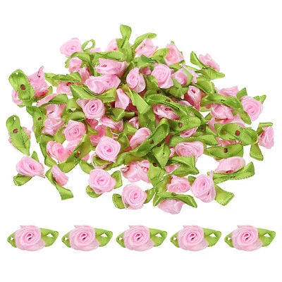 Mini Ribbon Roses, 100 Pcs Tiny Satin Fabric Flowers with Green Leaves, Pink Foto 1 de 4