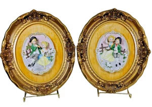 Antique Vintage Bisque Boy & Girl Wall Plaques in Custom Hardwood Frames MCM - Picture 1 of 7
