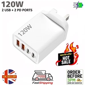 4 Ports 120W - Charger Dual USB Type C UK Wall Plug Charger Power Adapter Plug - Picture 1 of 6