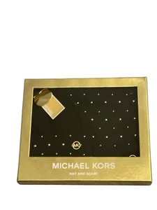 $98 MICHAEL KORS WOMEN CLASSIC RIB SCARF HAT GIFT SET BLACK COLOR W GOLD DOTS - Picture 1 of 3