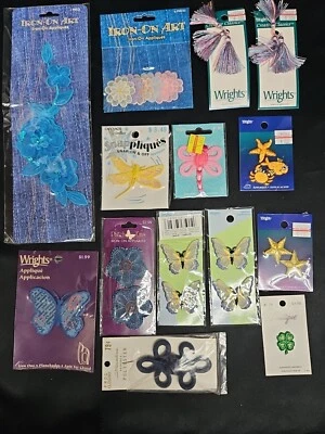 Appliques+ Flower Butterfly Shamrock Fish Star Dragonfly Iron/ Sew-on 27 Pcs NOS - Image 1 of 4
