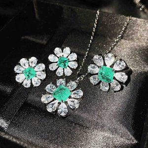 3pc Xmas Jewelry Paraiba Green Tourmaline Gems Women Girl Necklace Earring Rings - Picture 1 of 6