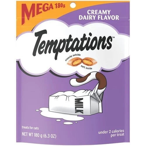 Классические хрустящие и мягкие кошачьи лакомства Temptations Mega 6.3 0z со сливочным молочным вкусом  - Изображение 1 из 4