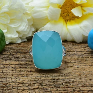 Increíble Aqua Calcedonia Gema 925 Plata de Ley Hecho a Mano Anillo Todo Talla - Imagen 1 de 4