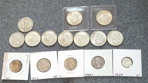 Silver Coin Bundle Including Walking Liberty, Franklin, Kennedy's & Quarters Cover