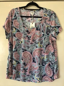 Rivers Size 18 Pink And Blue Paisley Scoop Neck Short Sleeve T-Shirt NWTGS - Picture 1 of 5