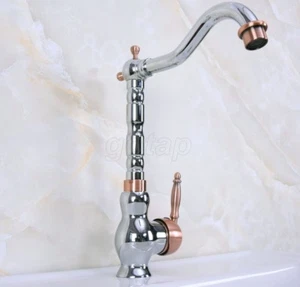 Chrome & Red Copper Swivel Spout Bathroom Kitchen Faucet Vessel Sink Mixer Tap - Picture 1 of 8