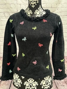 VTG 90’s Talbots Kids Black Cable Knit Fringed Multi Bows Pullover Sweater 12 - Picture 1 of 13
