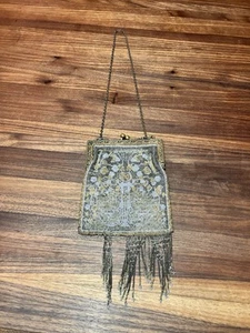 Vintage French Steel Cut Edwardian Hand Beaded Purse In Silver & Gold - Picture 1 of 9